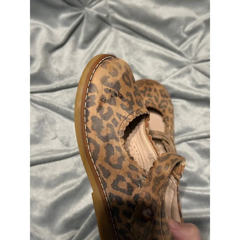 ELEPHANTITO Girl Scalloped Leather Mary Jane Leopard Brown Size 11.5 Hook & Loop